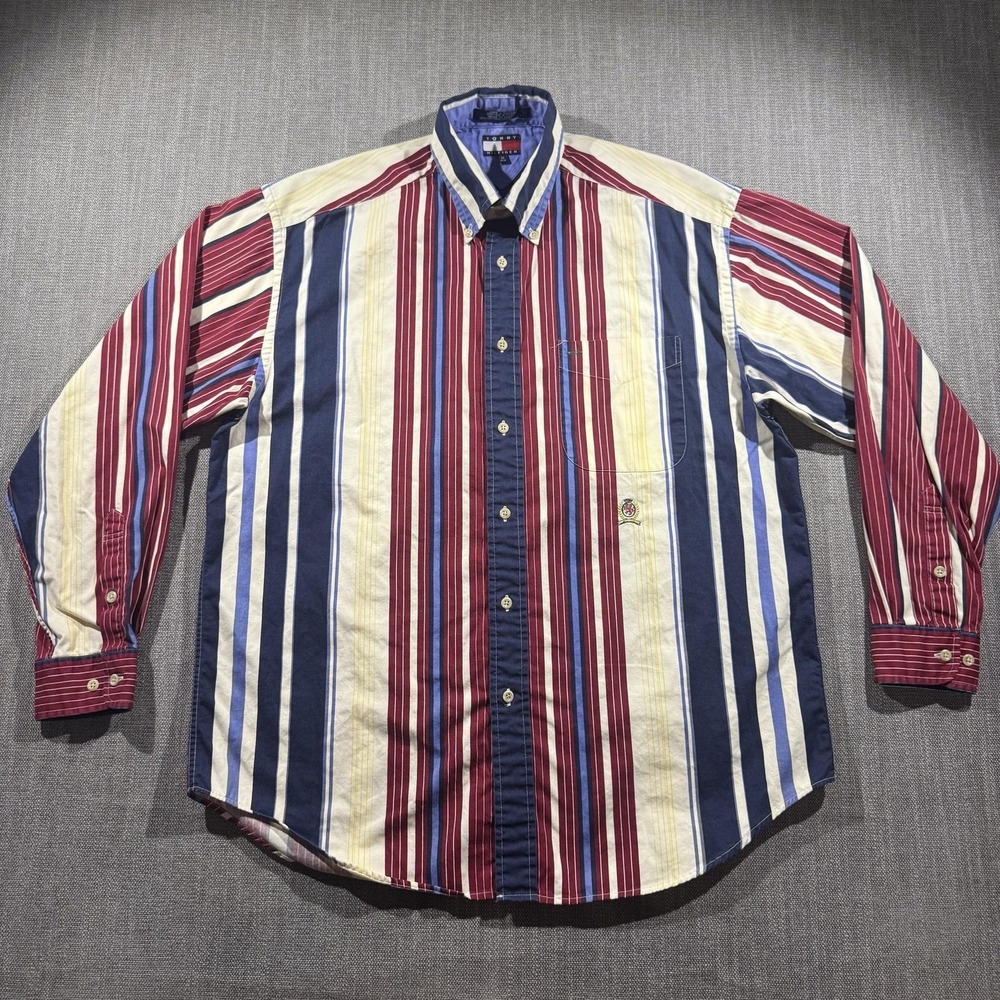 Vintage Tommy Hilfiger Shirt Mens Medium Multicolor Stripe Long Sleeve